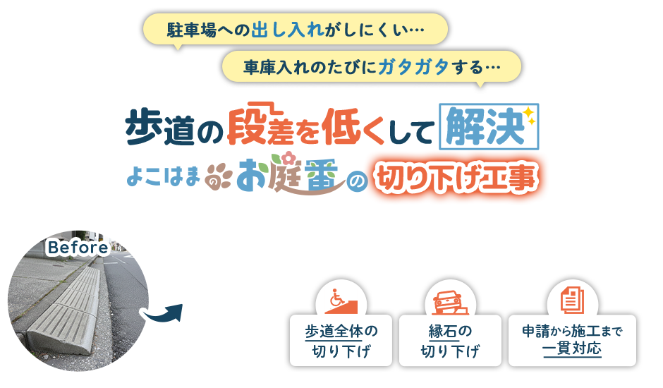 駐車場への出し入れがしにくい… 車庫入れのたびにガタガタする… 歩道の段差を低くして解決 よこはまのお庭番の切り下げ工事 歩道全体の切り下げ、縁石の切り下げ、申請から施工まで一貫対応